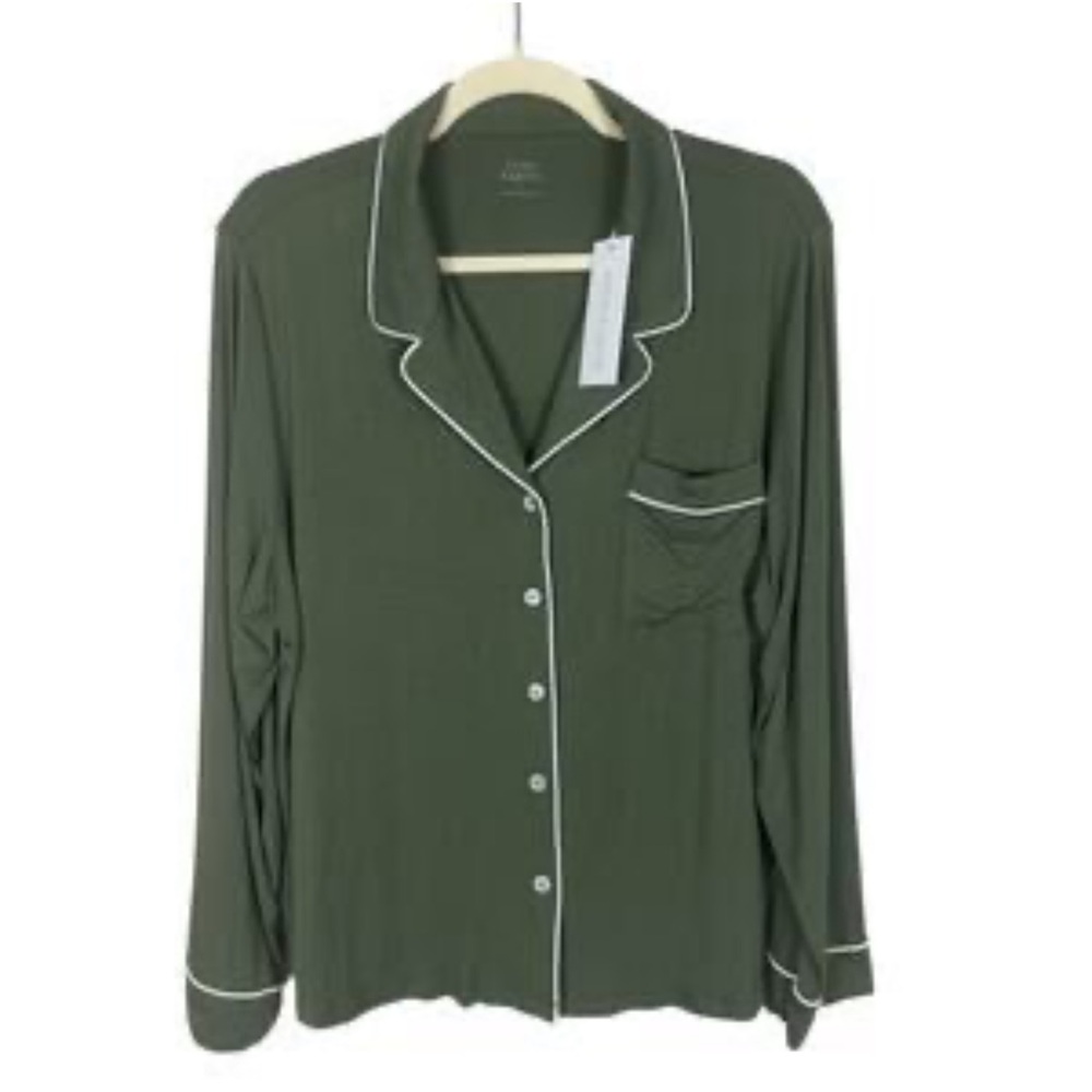 Women’s Olive Green Long Sleeve Pajama Top with Contrast Piping